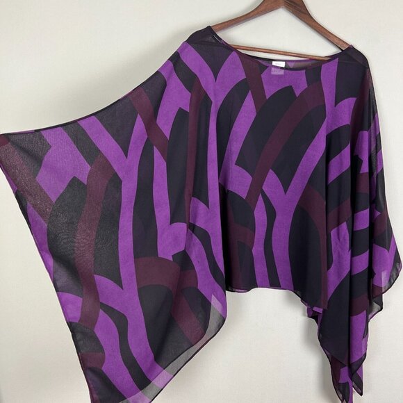 Draped Blouse Top Womens Large‎ Purple Black Sheer Geometric Statement Sleeve 14 - Picture 6 of 16